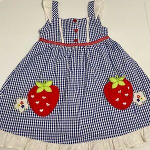 Youngland Blue Gingham Dress with Red Strawberry Appliqués